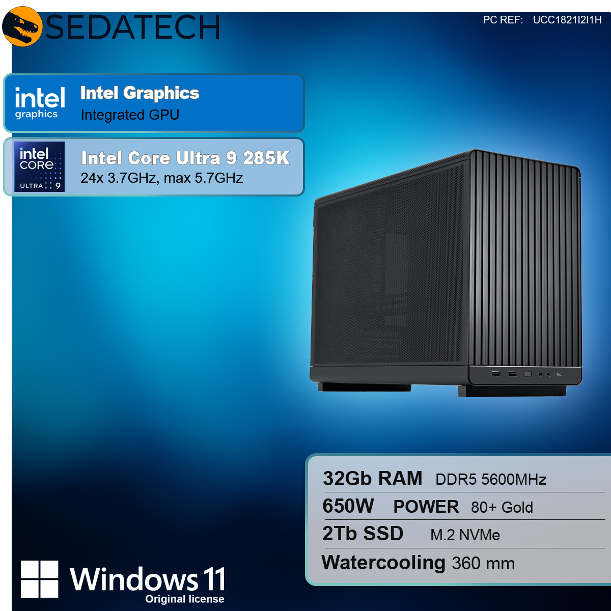 Obudowa komputera z grafiką Intel, systemem Windows 11 i specyfikacjami dla pamięci RAM, zasilania, pamięci masowej i chłodzenia wodnego.