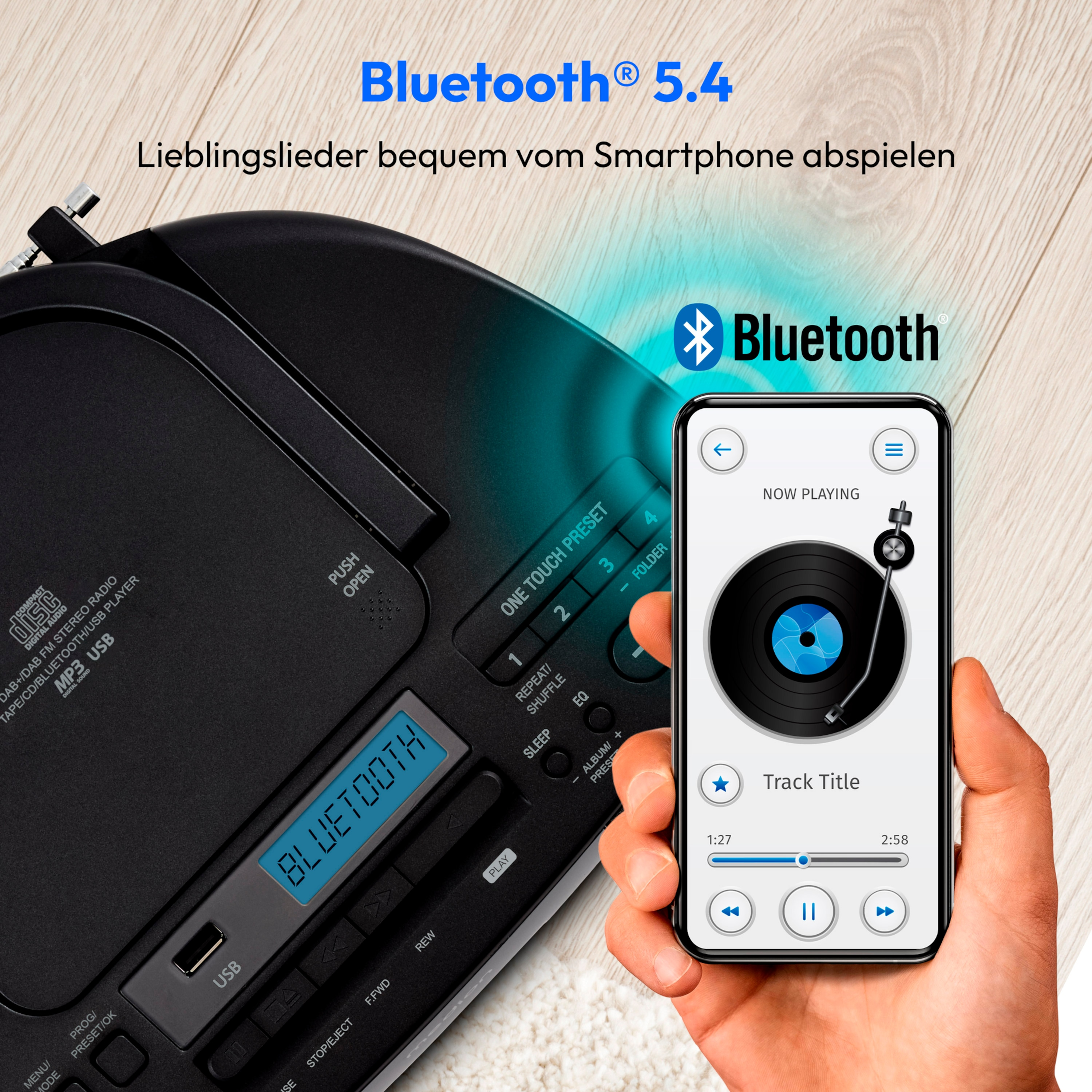 Schwarze Stereoanlage mit Smartphone, das eine Plattenspieler-Oberfläche anzeigt. Bluetooth-Logo sichtbar.