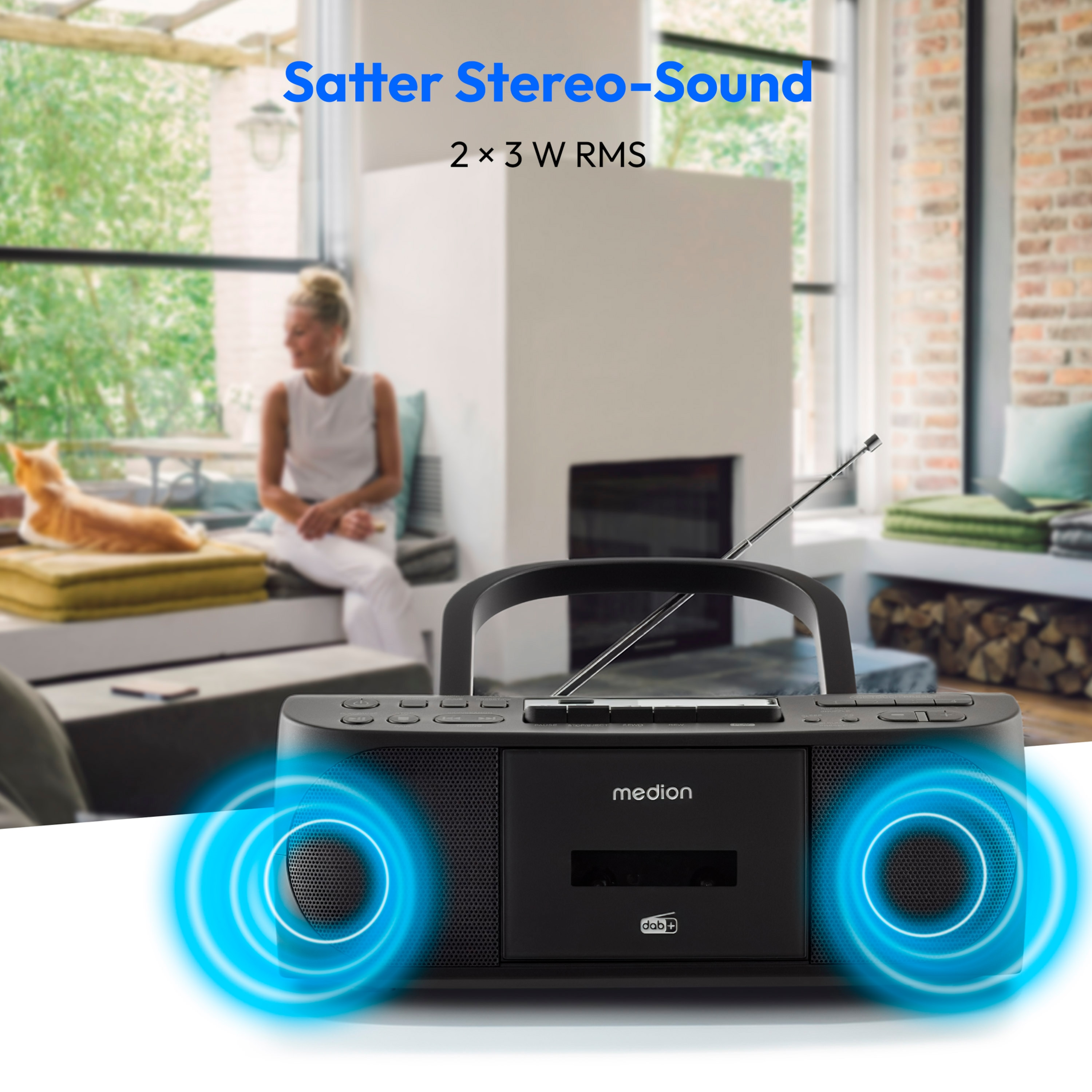 Schwarzes Stereo mit blauen Schallwellen. Im unscharfen Hintergrund eine Frau und eine Katze.