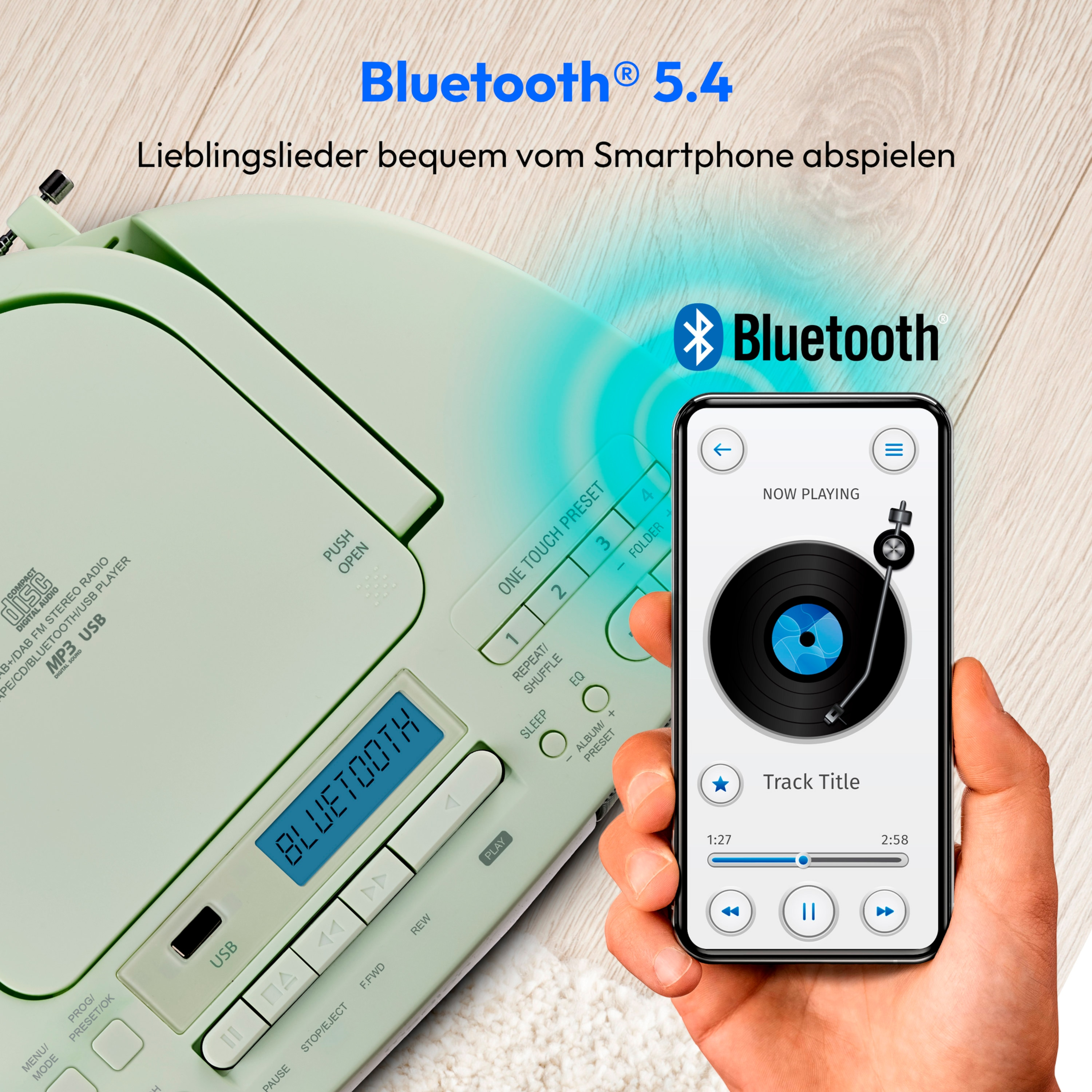Ein Bluetooth-Musikplayer mit einem Smartphone, das eine Schallplatte zeigt. Text: Bluetooth 5.4.