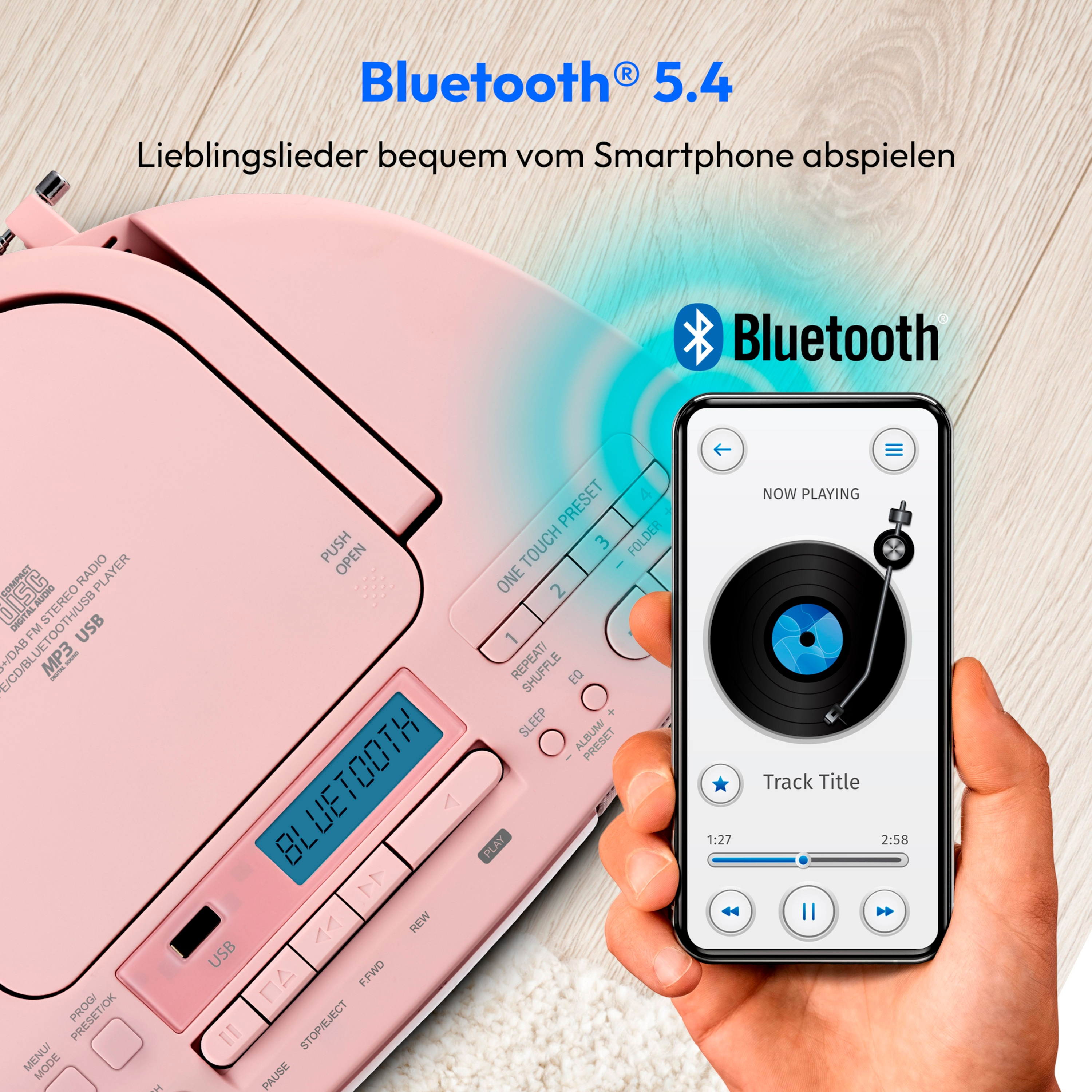 Rosa Stereoanlage spielt Musik vom Telefon ab. Bluetooth-Logo vorhanden.