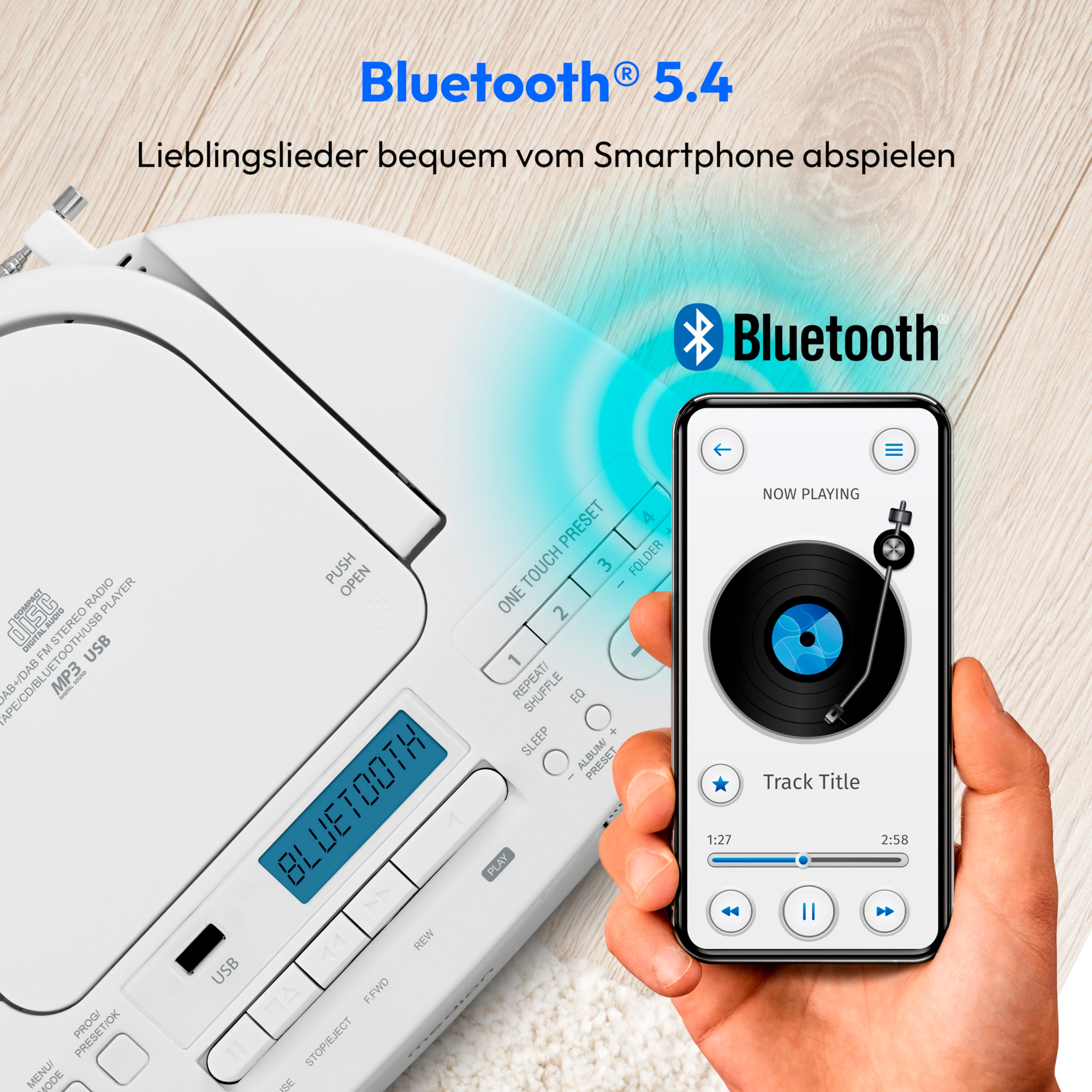 Weißer Audioplayer mit Handy, das Musik über Bluetooth abspielt. Holz Hintergrund.