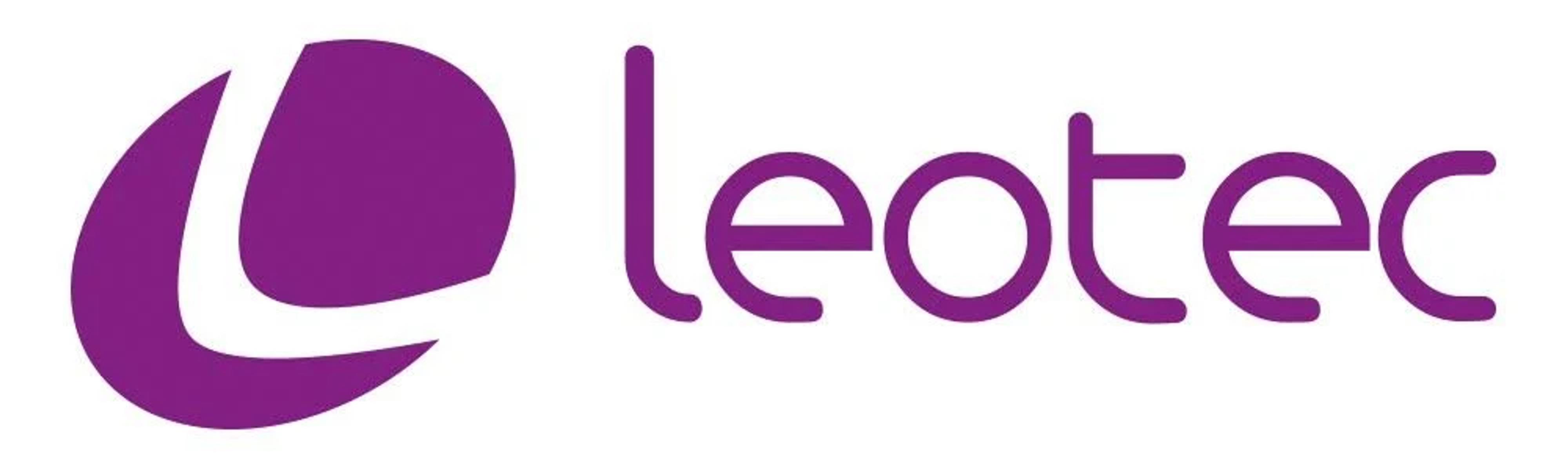 El logotipo presenta la palabra 'leotec' en morado, con una forma de 'L' morada a la izquierda.