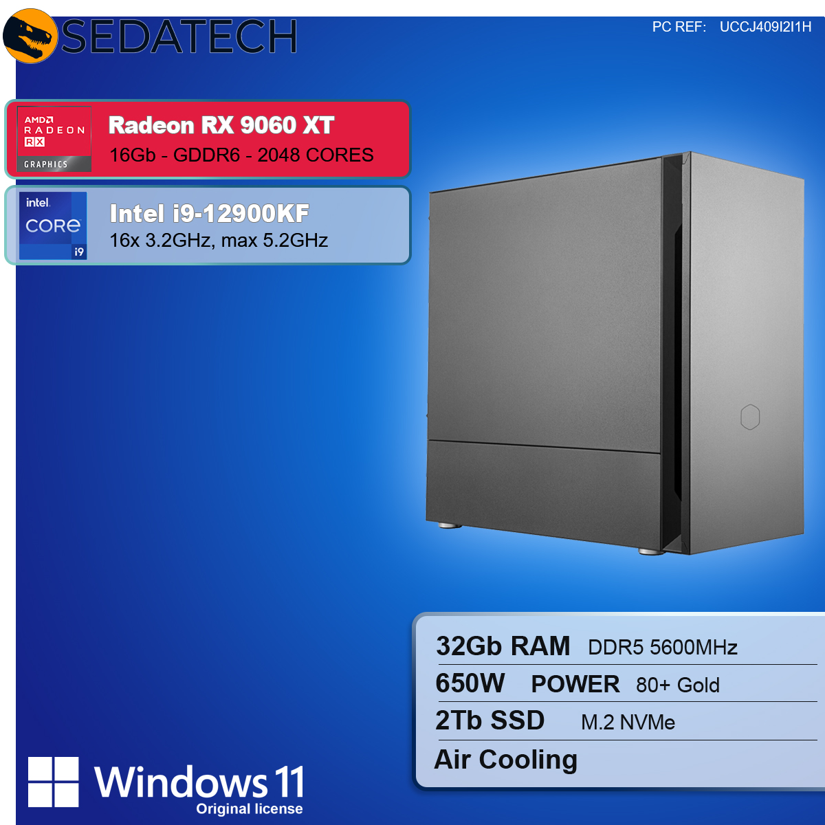 Un case per computer con dettagli dei componenti. Radeon RX 9060 XT, Intel i9-12900KF, 32 GB RAM, 650W, 2 TB SSD e Windows 11.