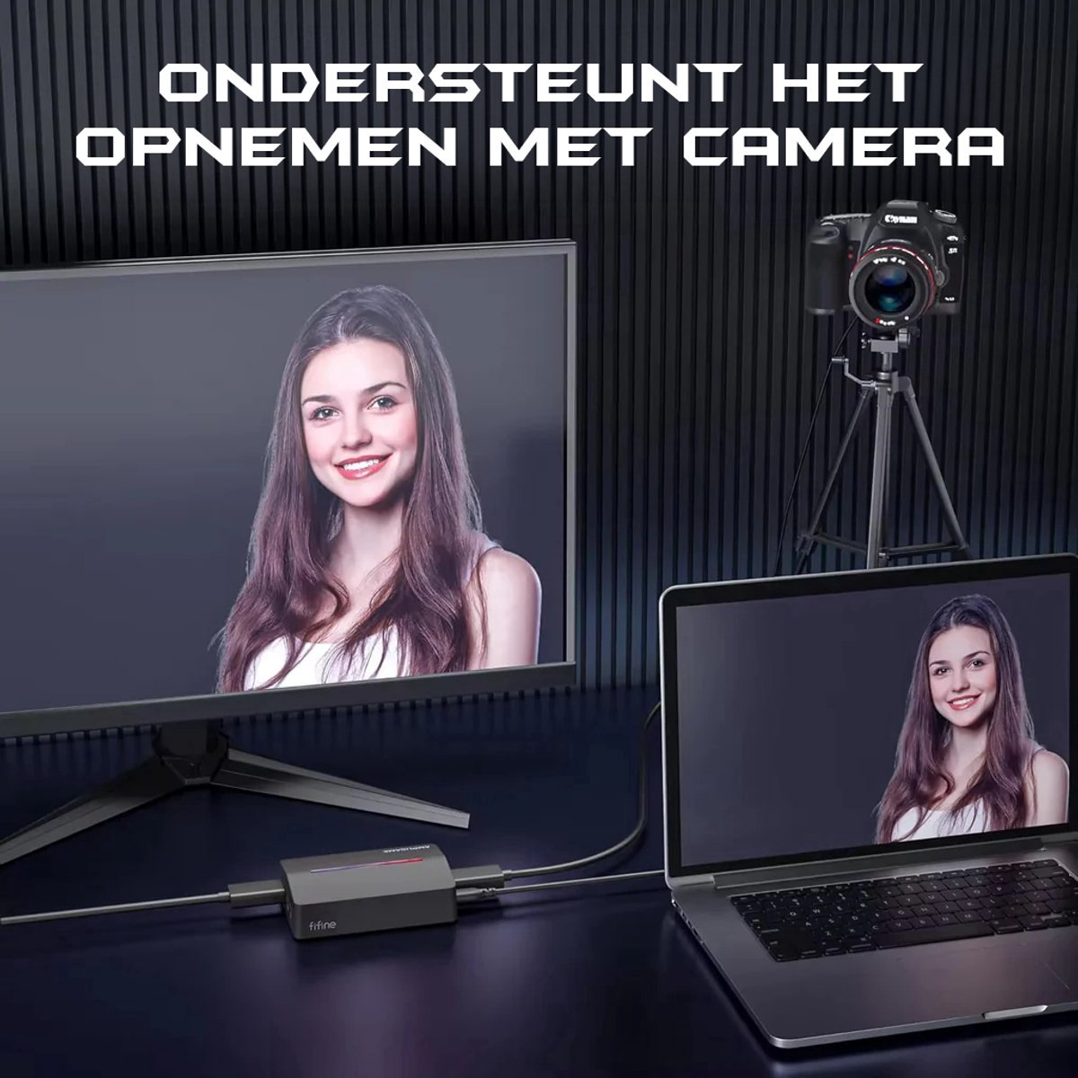 A woman's image is displayed on a monitor and laptop. A camera on a tripod is behind them. A black device connects the devices.