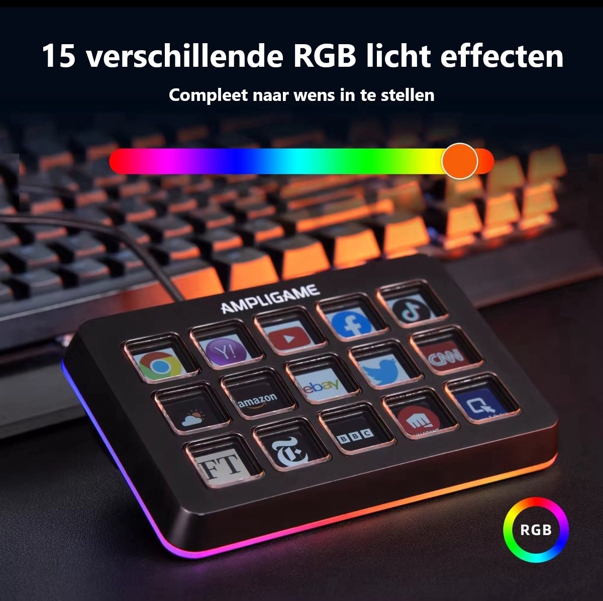 A black Ampligame control panel with 15 lit buttons, each with a different icon. A rainbow light bar is above the panel. RGB logo.