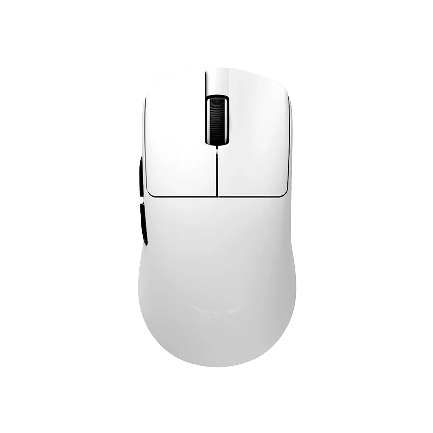 Een witte computermuis. Het heeft een zwart scrollwiel en knoppen. De achtergrond is effen wit.
