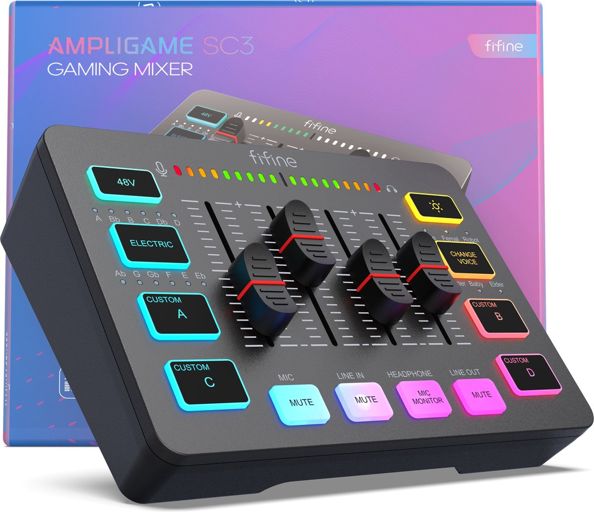 A gaming mixer with sliders, buttons, and lights. It's black with a box in the background with the name AMPLIGAME SC3.