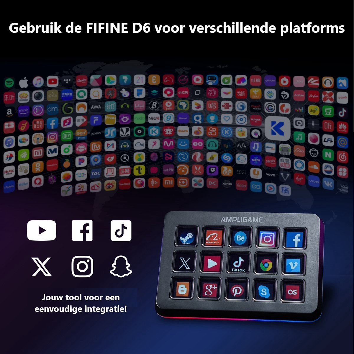 Image shows a control panel with social media icons and app logos against a world map of app icons.
