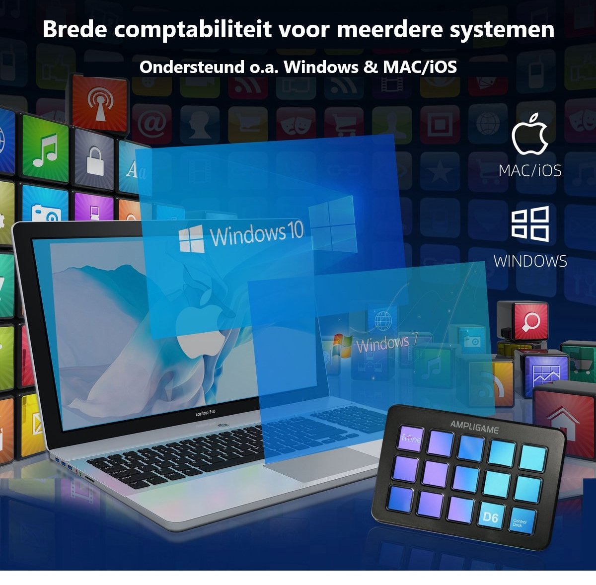 A laptop with Windows 10 and Windows 7, icons, and a control deck are displayed. The text mentions Windows & MAC/IOS compatibility.