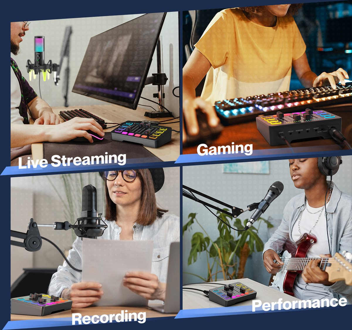 Four scenes: Live streaming, gaming, recording, and performance. Each features a person using a console, microphone, and related equipment.