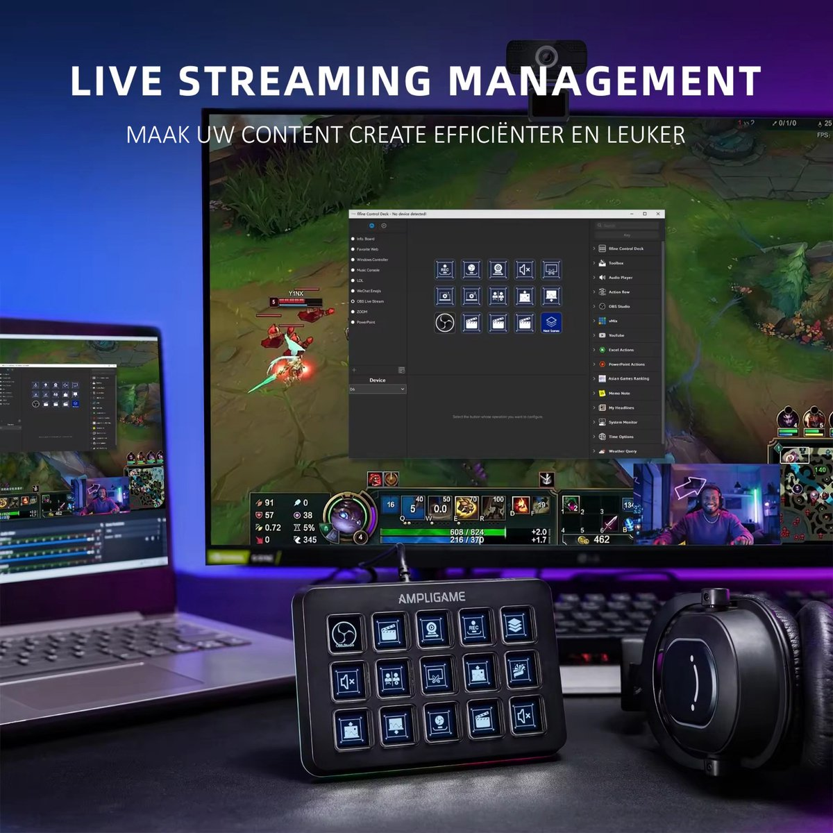 A live streaming setup with a control panel, monitor displaying a game, laptop, and headphones. Text on the screen: Live Streaming Management.