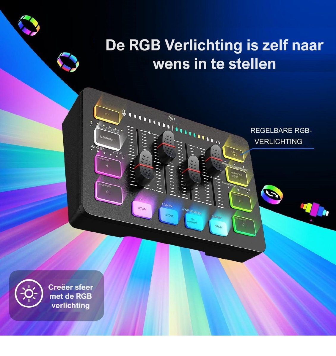 A black mixing console with sliders and buttons, text in Dutch. RGB lighting effects are visible. Colorful rings float in the background.