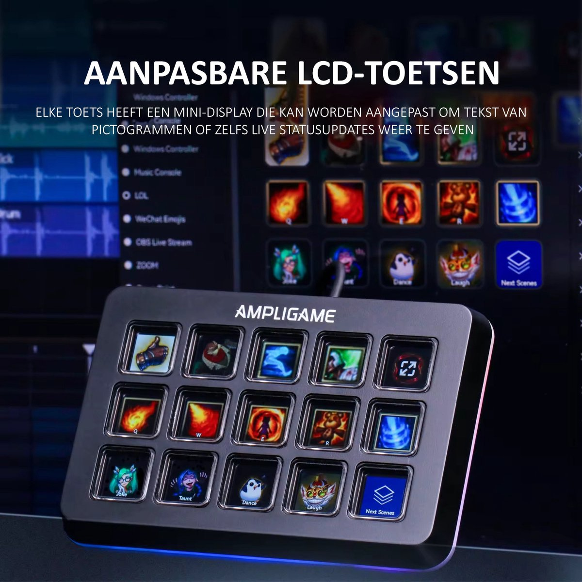 A close-up of a black control panel with multiple screens displaying icons. Text in Dutch says adjustable LCD keys.