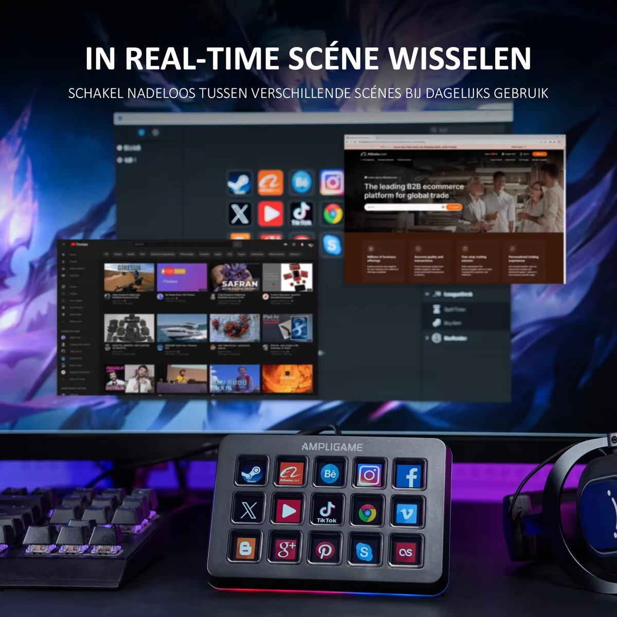 A computer setup with a keyboard, a control panel with icons, and a screen showing various applications and websites.