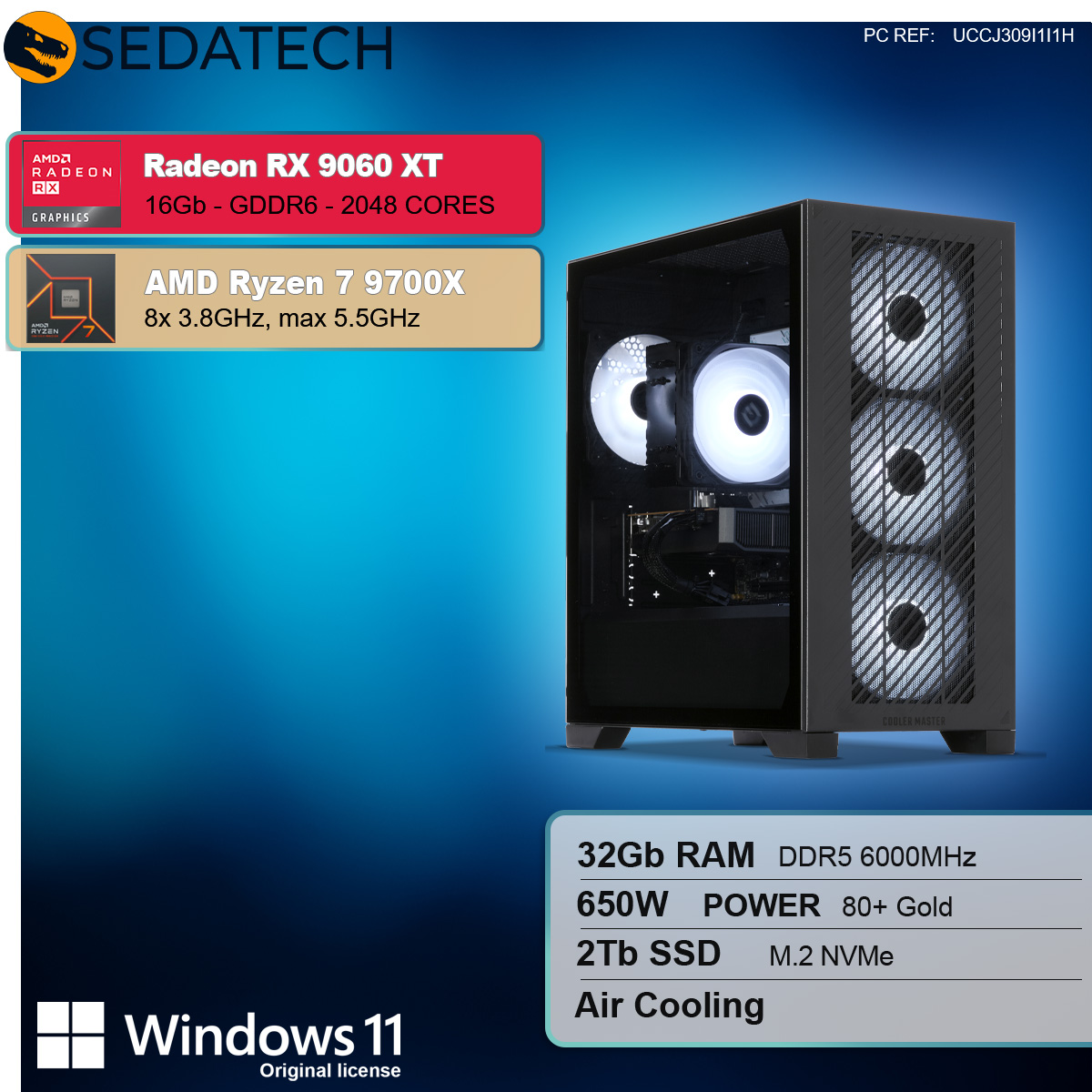 Un case per computer con ventole illuminate e specifiche. Include processori Radeon RX 9060 XT e AMD Ryzen 7 9700X.