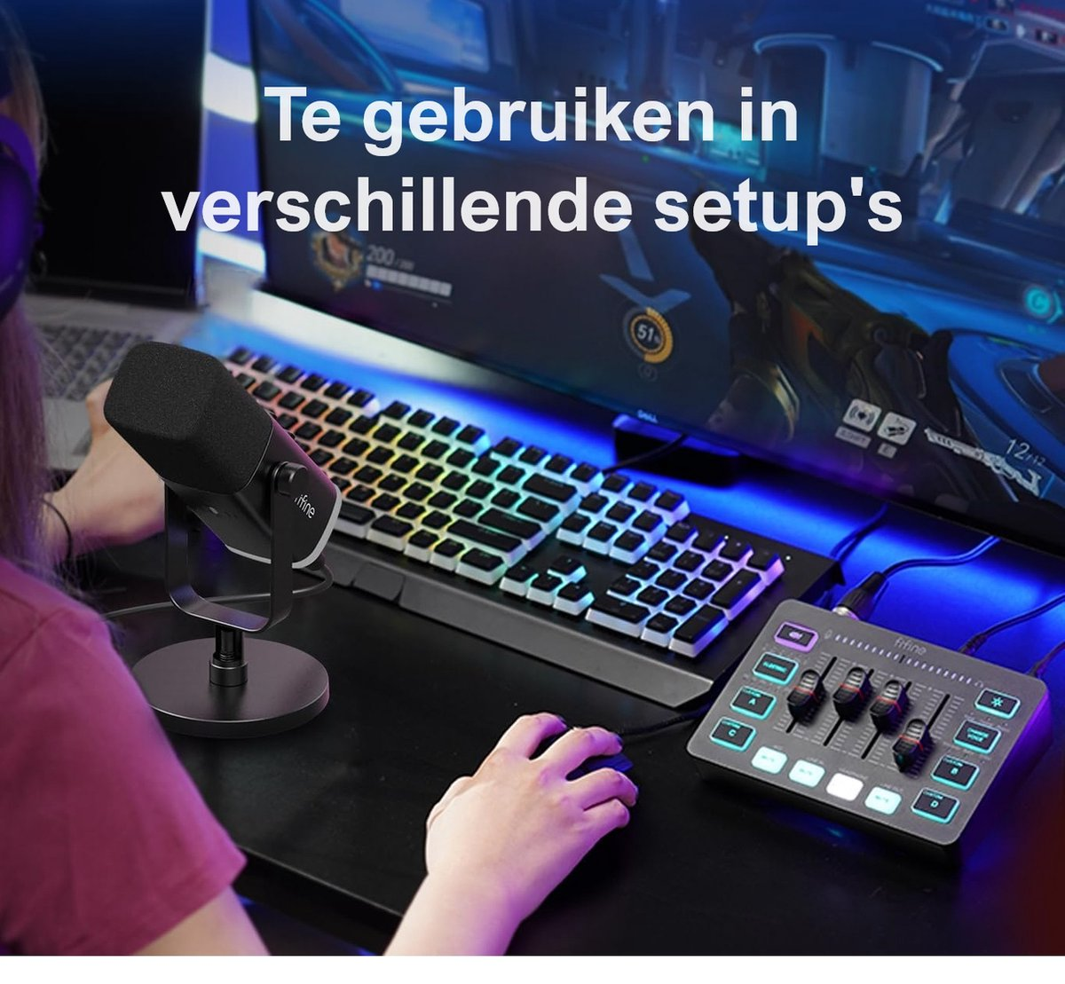 A person uses a black microphone, keyboard, and audio mixer on a desk. A monitor displays a game. Text reads: To use in various setups.