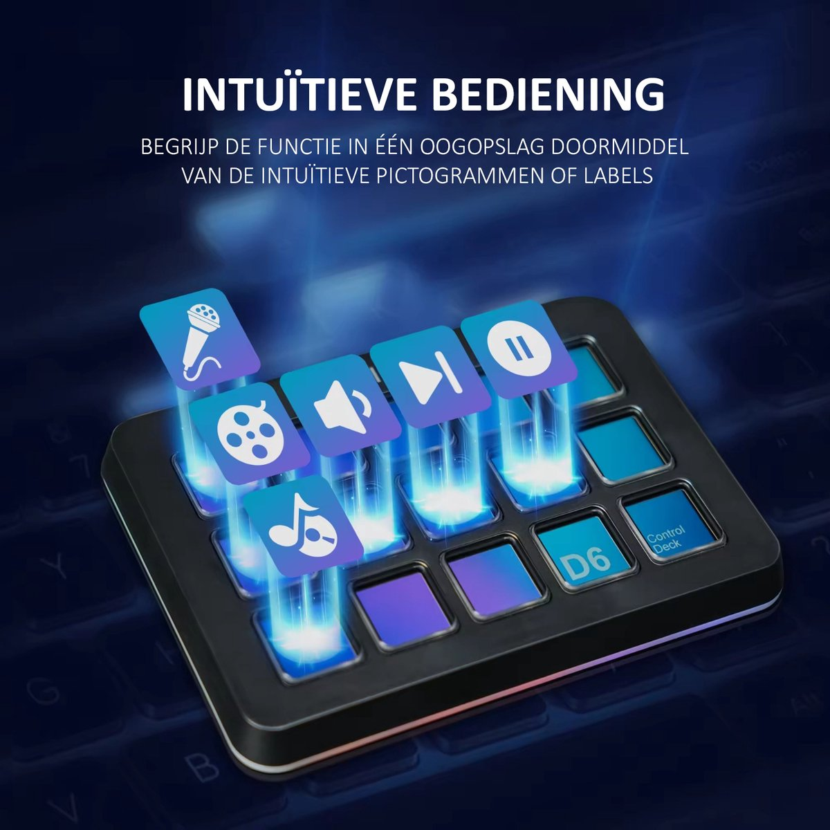 A black control deck with illuminated buttons. Icons include microphone, film, music note, speaker, play, and pause.