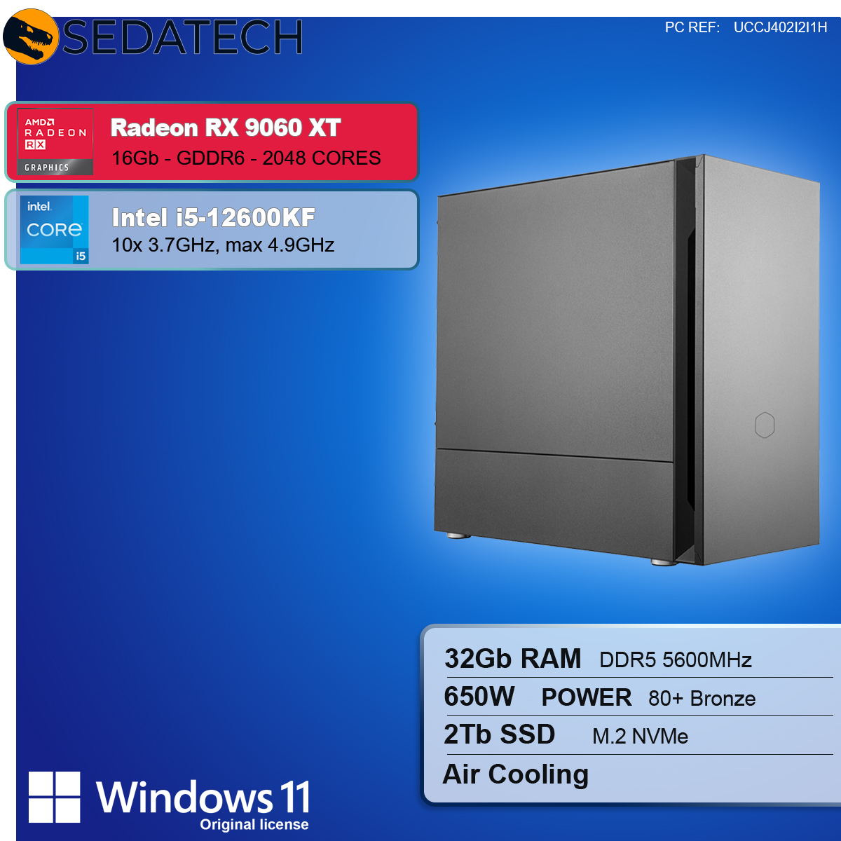 Obudowa komputera ze szczegółami komponentów, jak Radeon RX 9060 XT, Intel i5, 32 GB RAM, 2 TB SSD i Windows 11.
