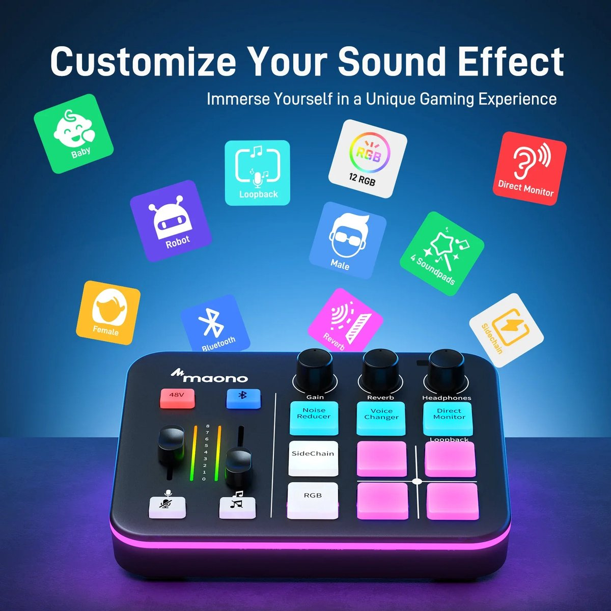 A sound mixer with many buttons, knobs, and effect icons like reverb, Bluetooth, and RGB. A neon-lit base.