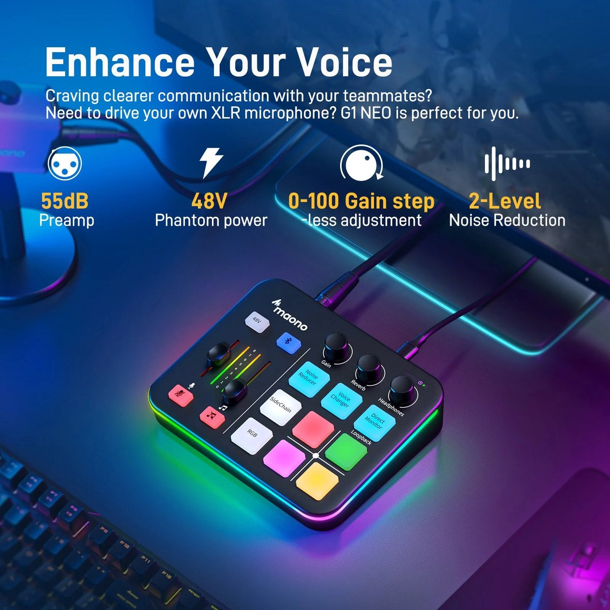 A black audio mixer with knobs and buttons. It has a colorful LED border, and cables connected to it.