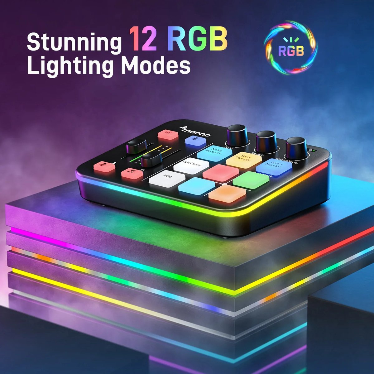 A black audio mixer with colorful buttons and knobs sits on a stacked platform lit with RGB lights. Text reads 'Stunning 12 RGB Lighting Modes'.