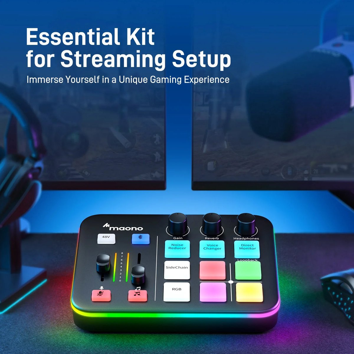 A streaming setup with a sound mixer, two monitors, a microphone, and headphones. The mixer has buttons and knobs with colorful lights.