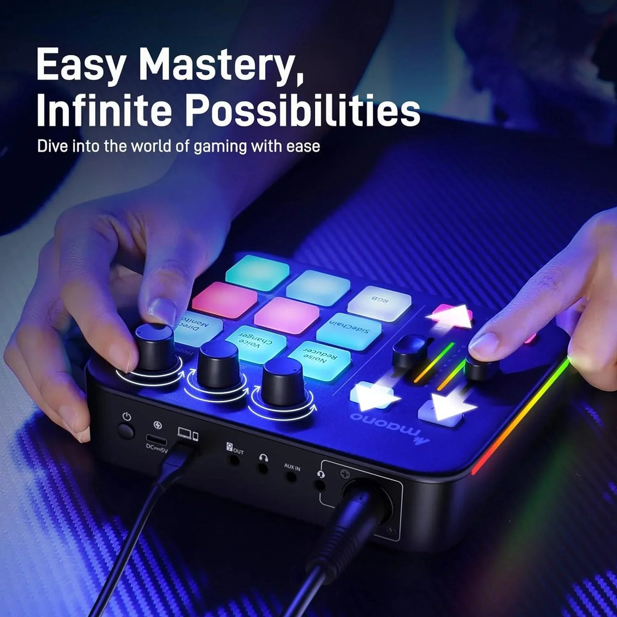 A person's hands operating a black audio mixer with knobs and buttons. The mixer is on a dark surface, and has colorful lights.