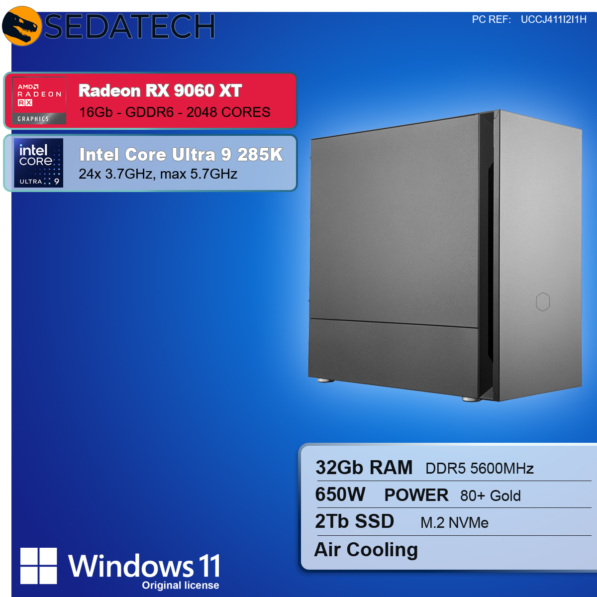 Ein Computergehäuse mit Komponenten wie RAM, CPU, GPU und SSD-Spezifikationen, Windows 11 Logo.