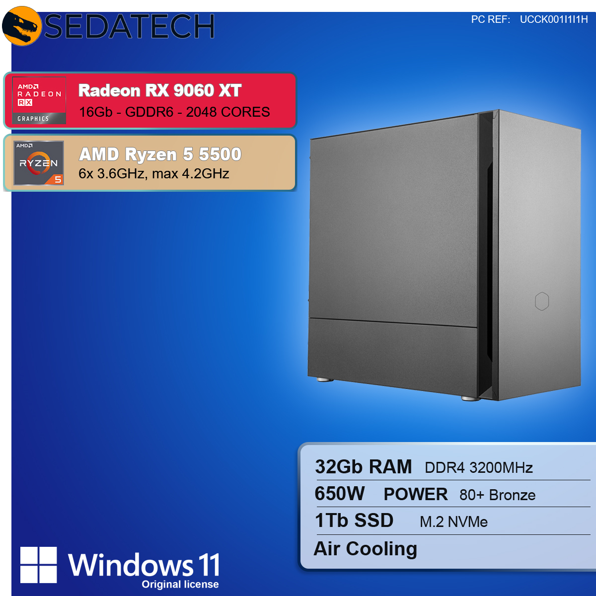 Un case di computer con dettagli come Ryzen 5, RX 9060 XT, 32 GB di RAM e Windows 11 su sfondo blu.