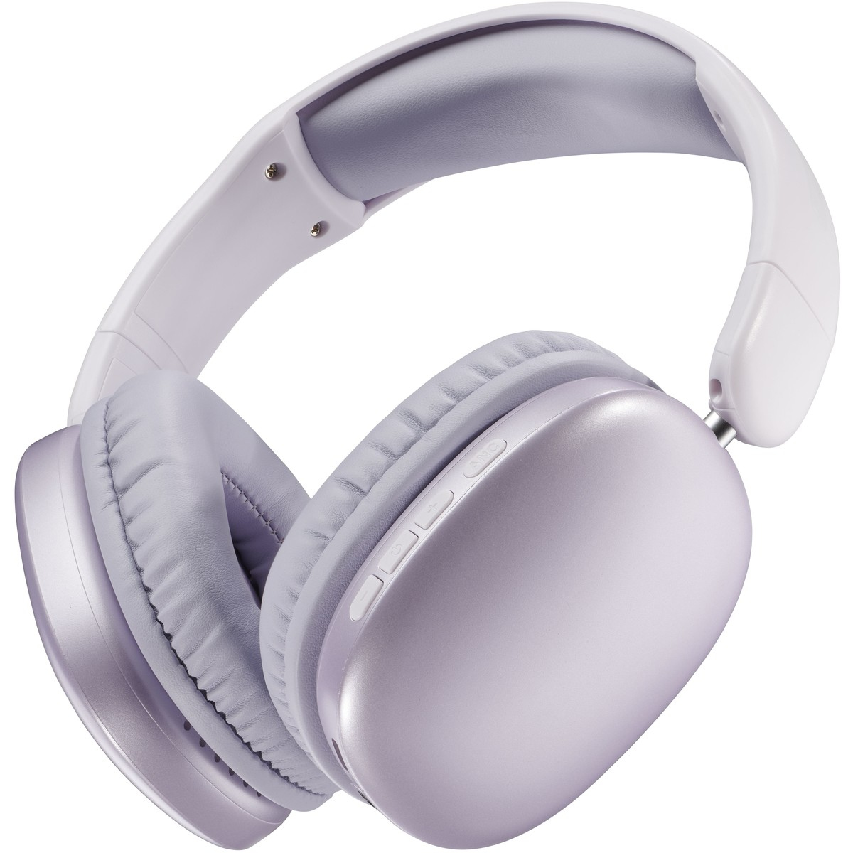 Un paio di cuffie wireless, color lavanda con dettagli bianchi. I pulsanti sono visibili sull'auricolare destro. Lo sfondo è bianco.