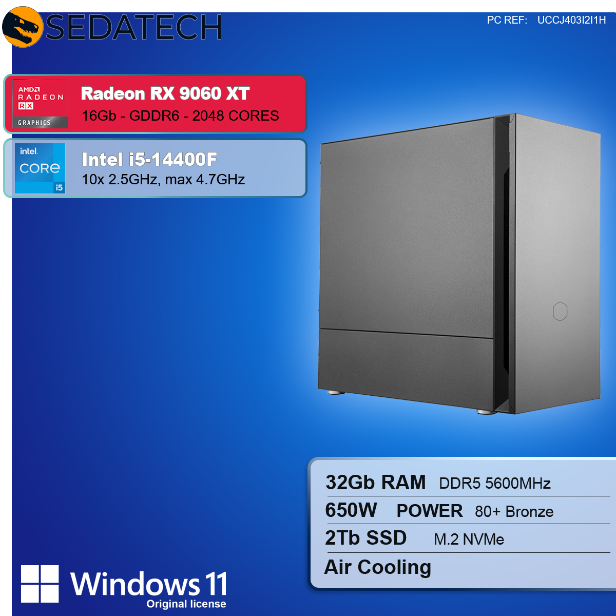 Obudowa komputera z informacjami o komponentach: Radeon RX 9060 XT, Intel i5-14400F, 32 GB RAM, 2 TB SSD i Windows 11.