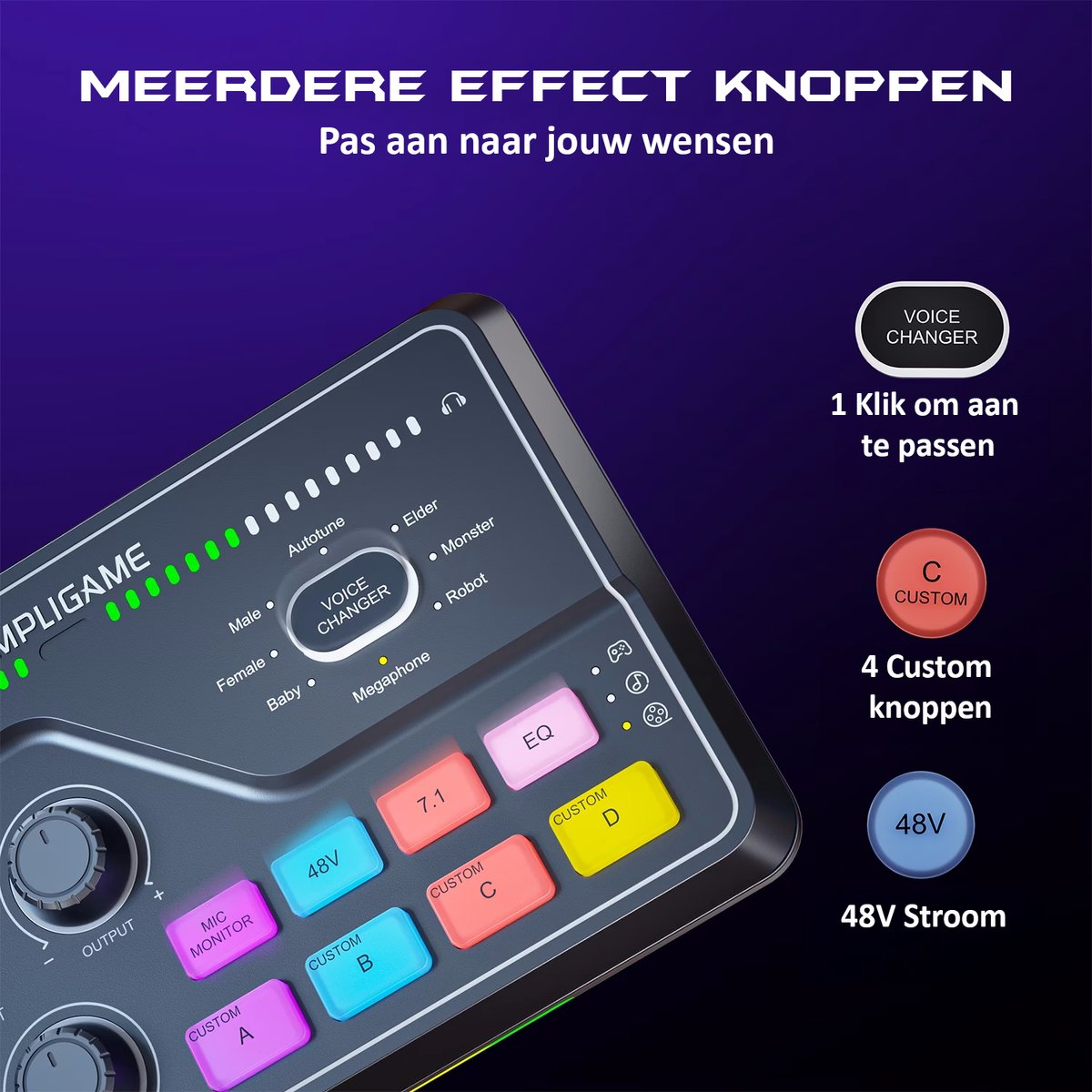 Audio mixer with buttons and knobs. Text includes 'Voice Changer' and 'Custom'. Buttons are various colors.