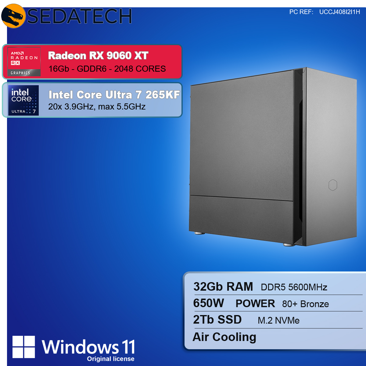 Obudowa komputera ze szczegółami komponentów, takimi jak Radeon RX 9060 XT, Intel Core Ultra 7, 32GB RAM, 2TB SSD i Windows 11.