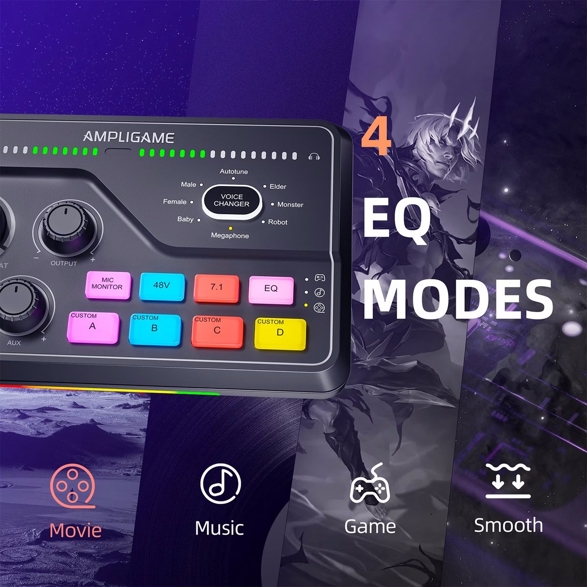 An Ampligame voice changer with buttons, EQ modes, and icons for Movie, Music, Game, and Smooth settings. A graphic of a character is present.