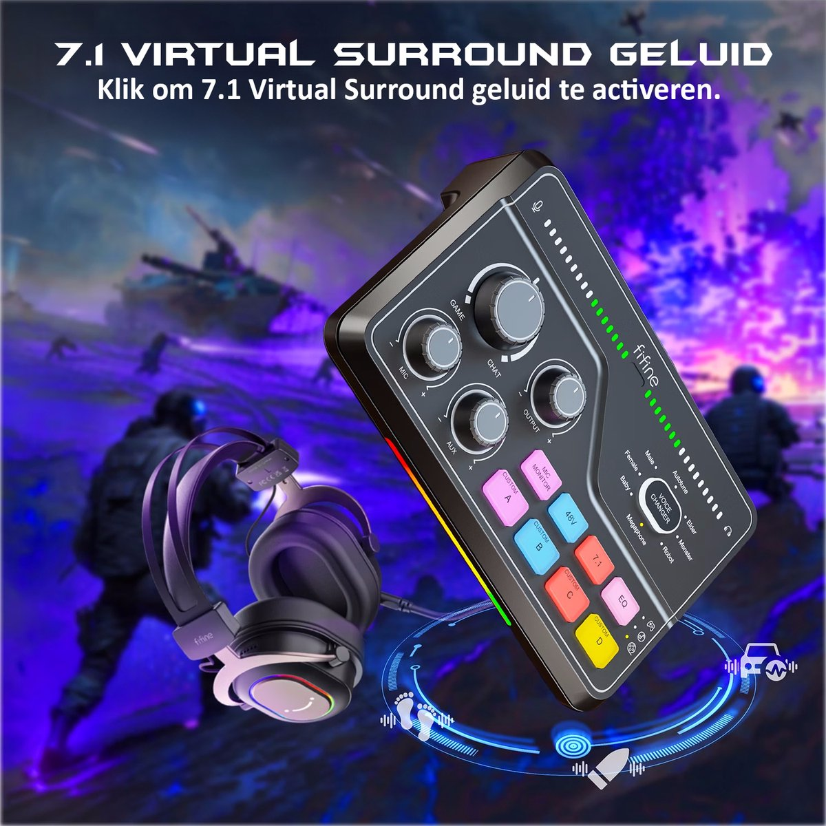 An audio mixer with a headset and a background with soldiers and a tank. Mixer has buttons and knobs.