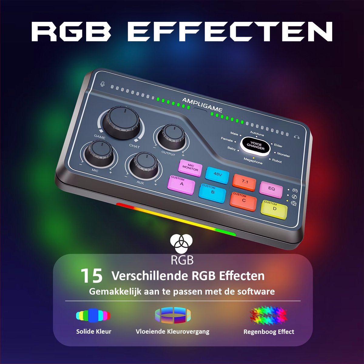A black Ampligame audio mixer with knobs and buttons. It has RGB lights. The text reads 'RGB Effecten' and '15 Verschillende RGB Effecten'.