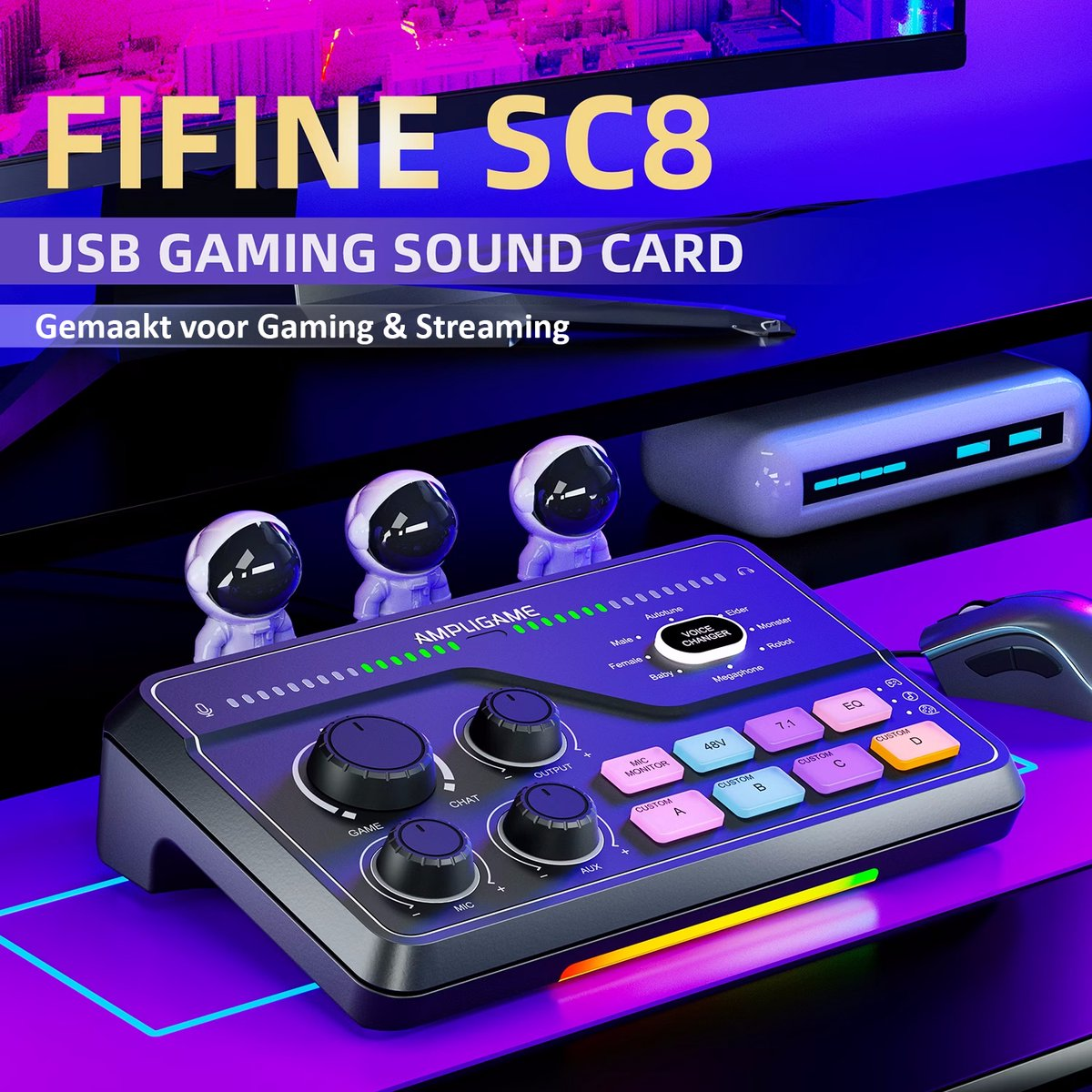 A sound card with knobs and buttons. Three astronaut figures sit above it. Text reads 'FIFINE SC8' and 'USB GAMING SOUND CARD'.