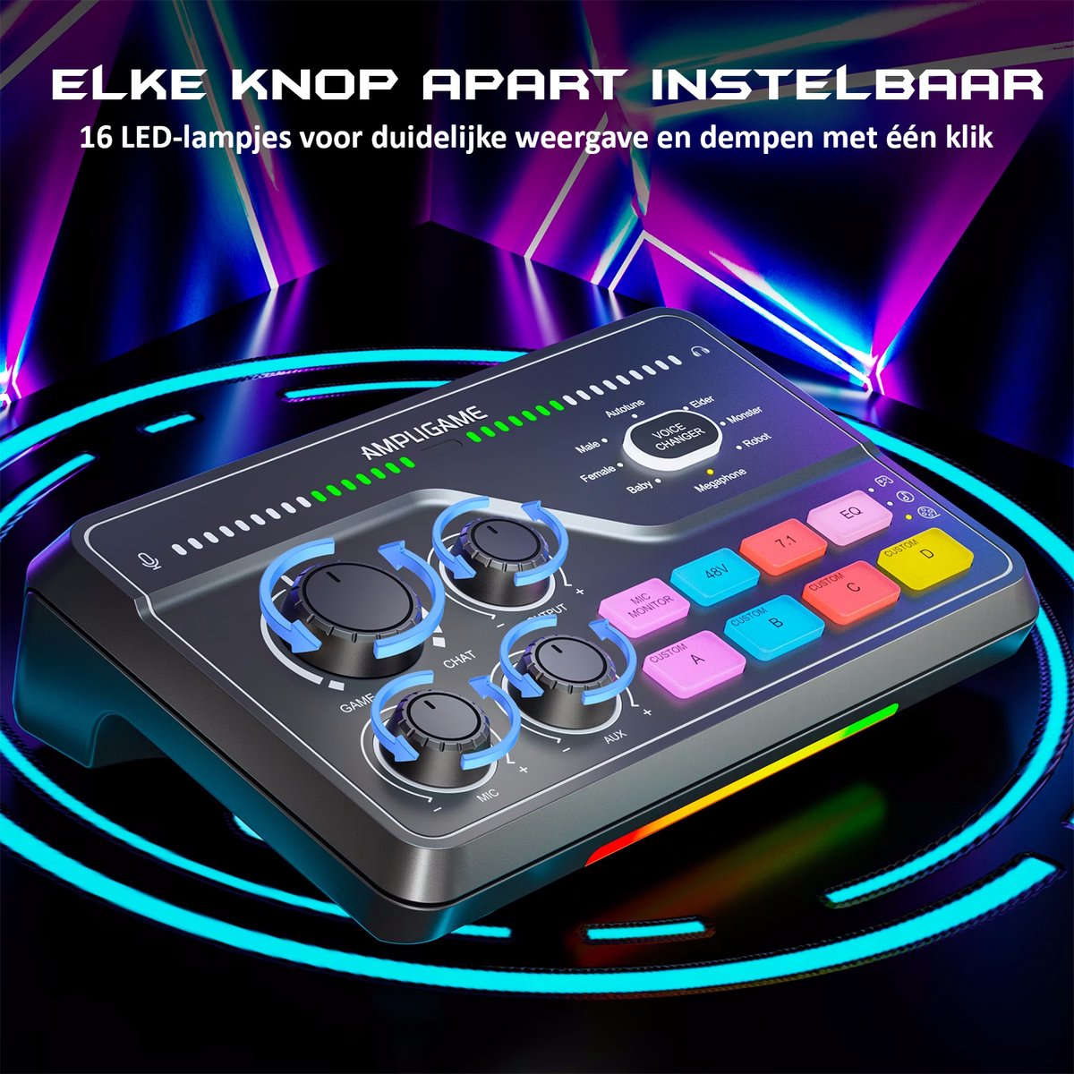 A black Ampligame audio mixer with knobs, buttons, and LED lights. It has voice changer options and EQ controls. The background is neon.