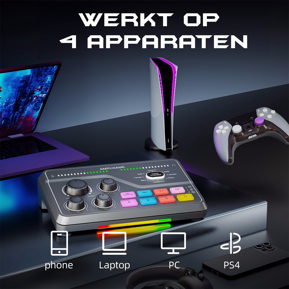 Image shows a gaming setup with a laptop, gaming console, controller, and an audio mixer, indicating compatibility with multiple devices.