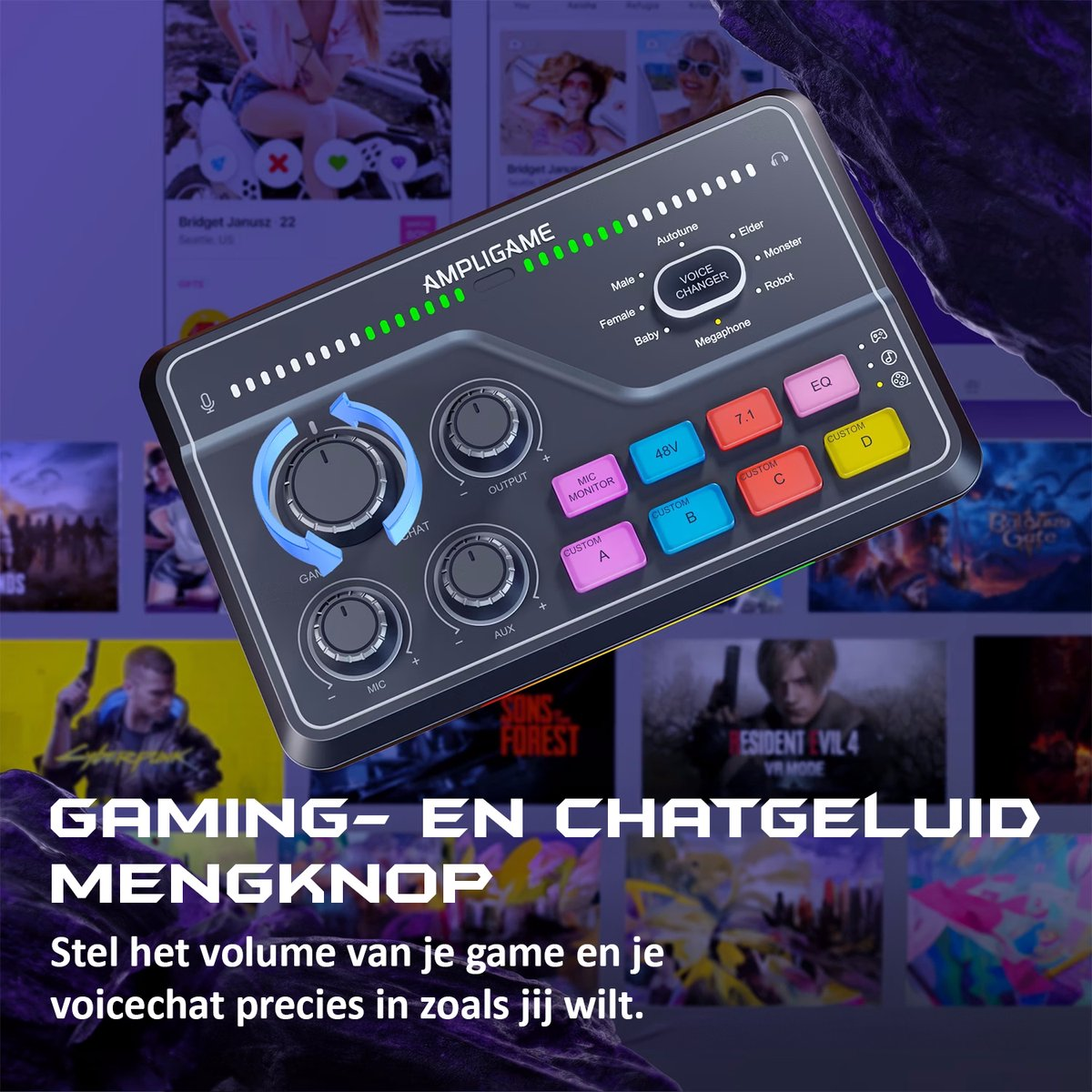 A gaming mixer with buttons and knobs. It has a voice changer and EQ settings. The background has game screenshots.