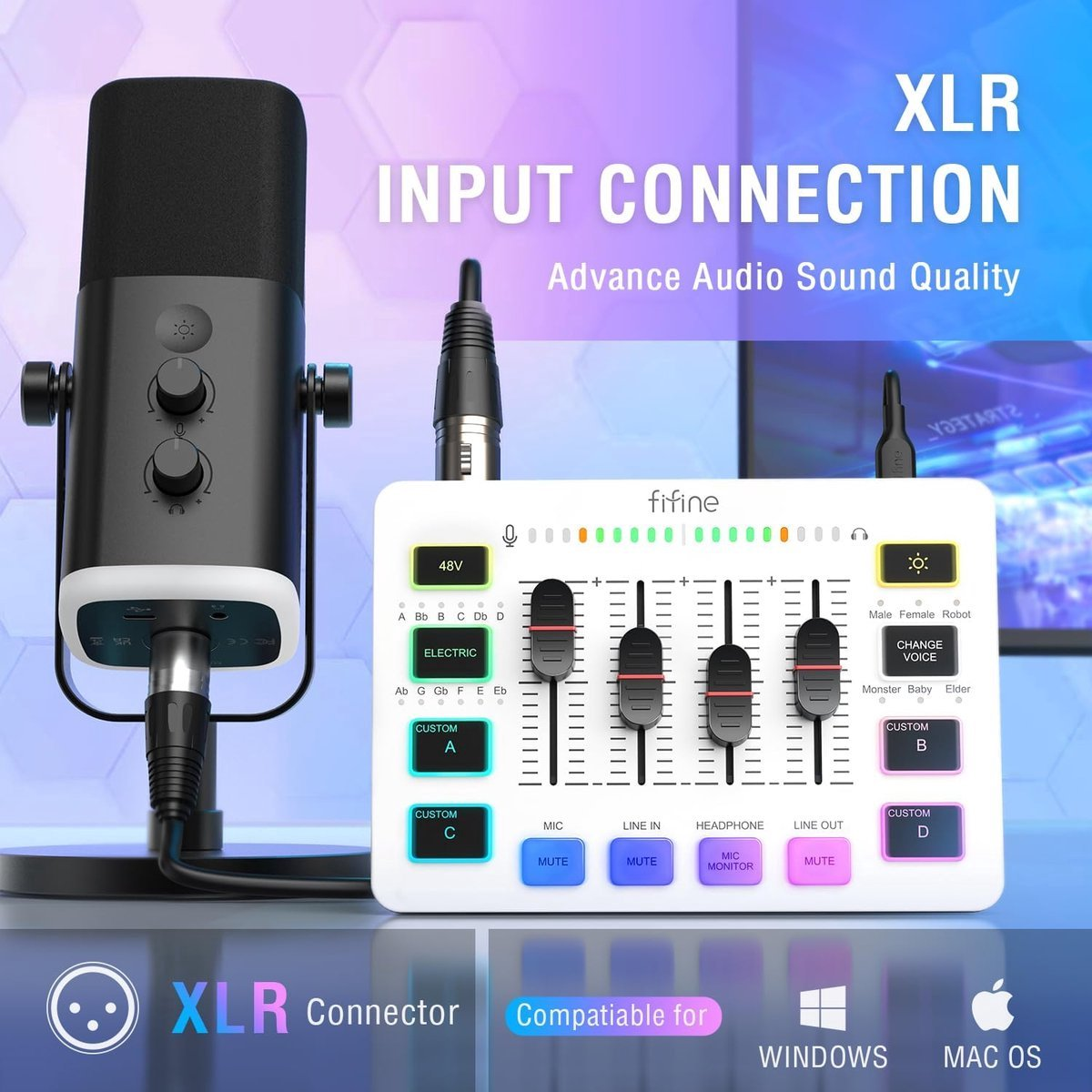 A microphone and audio mixer. Mixer has faders and buttons. XLR input is shown. Compatible with Windows and Mac OS.
