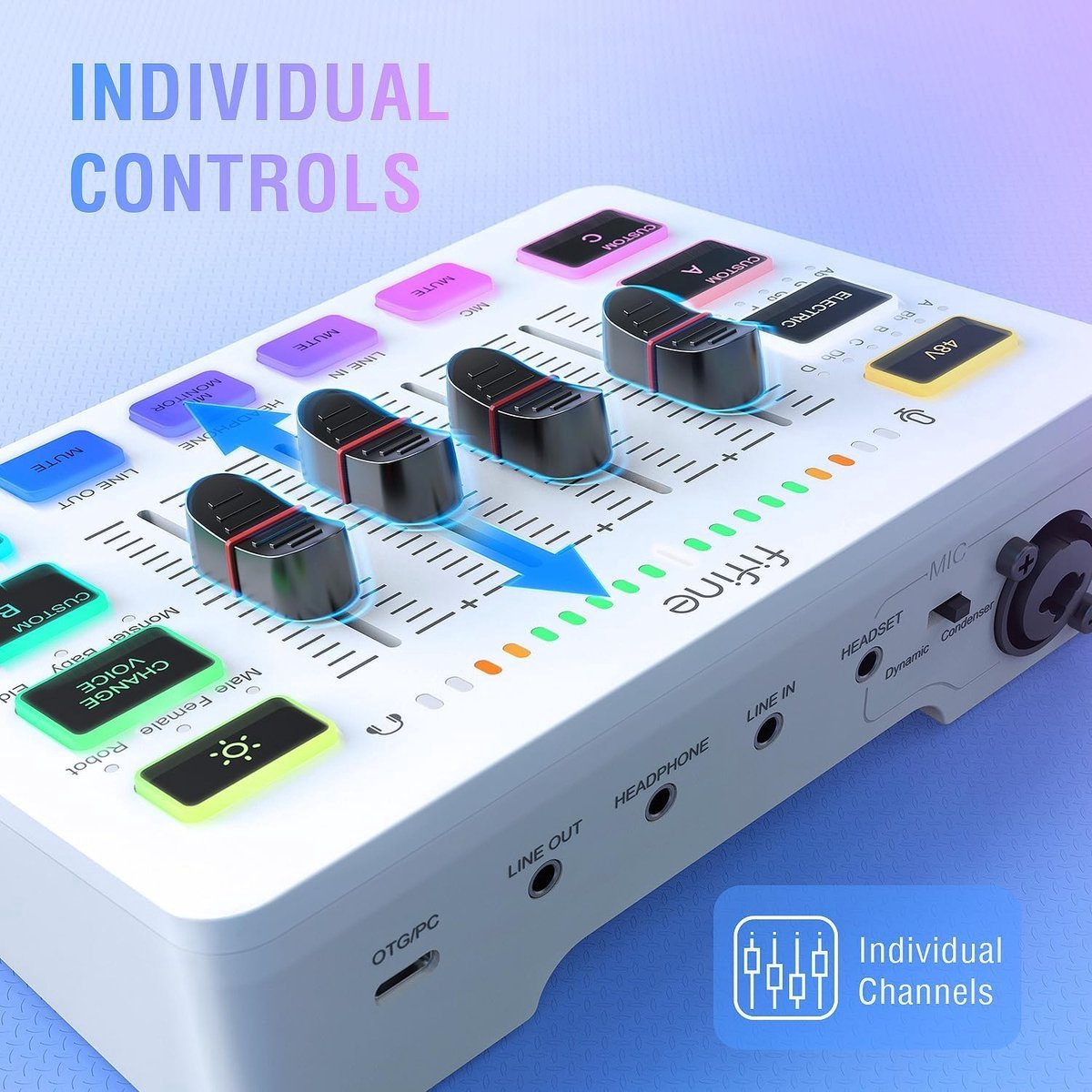 White audio mixer with sliders, buttons, and labels. Text reads 'Individual Controls'. Blue arrow indicates signal flow.