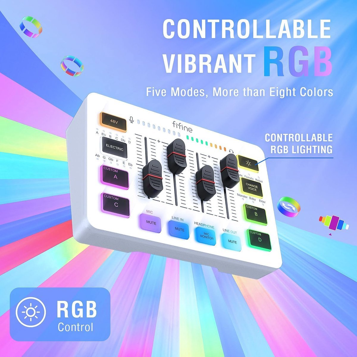 White audio mixer with black sliders and colorful lights. Text reads 'Controllable Vibrant RGB'.