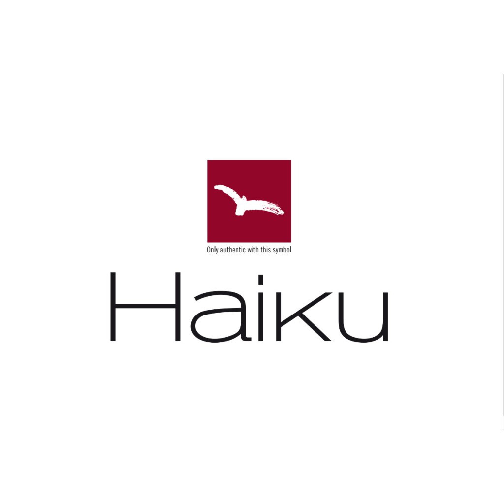 Das Bild zeigt ein Logo mit einem roten Quadrat mit einem weißen Vogel. Darunter steht das Wort 'Haiku' in Schwarz, mit dem Text 'Nur authentisch mit diesem Symbol'.
