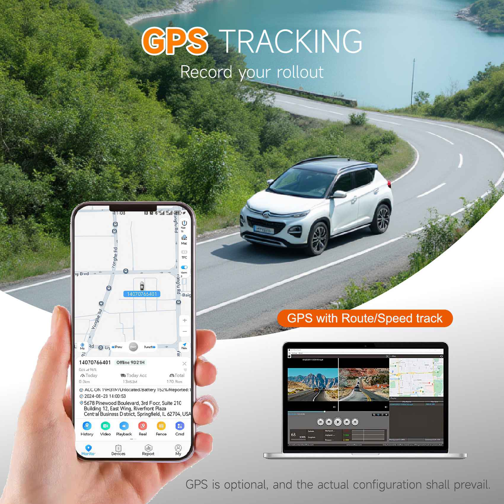 Weißes Auto auf kurvenreicher Straße, Telefon mit GPS-Karte, Laptop mit Video, Text: GPS-Tracking.