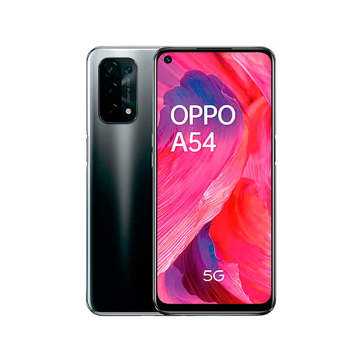 Ein Oppo A54 5G-Smartphone mit schwarzer Rückseite und einem rosa-weißem Bildschirm mit Markennamen.