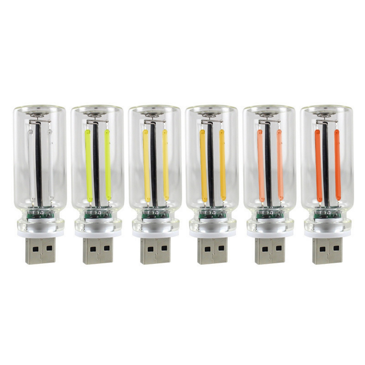 Sechs USB-Leuchten mit unterschiedlich farbigen LED-Streifen in transparenten Glasröhren. Jede hat einen USB-Anschluss.