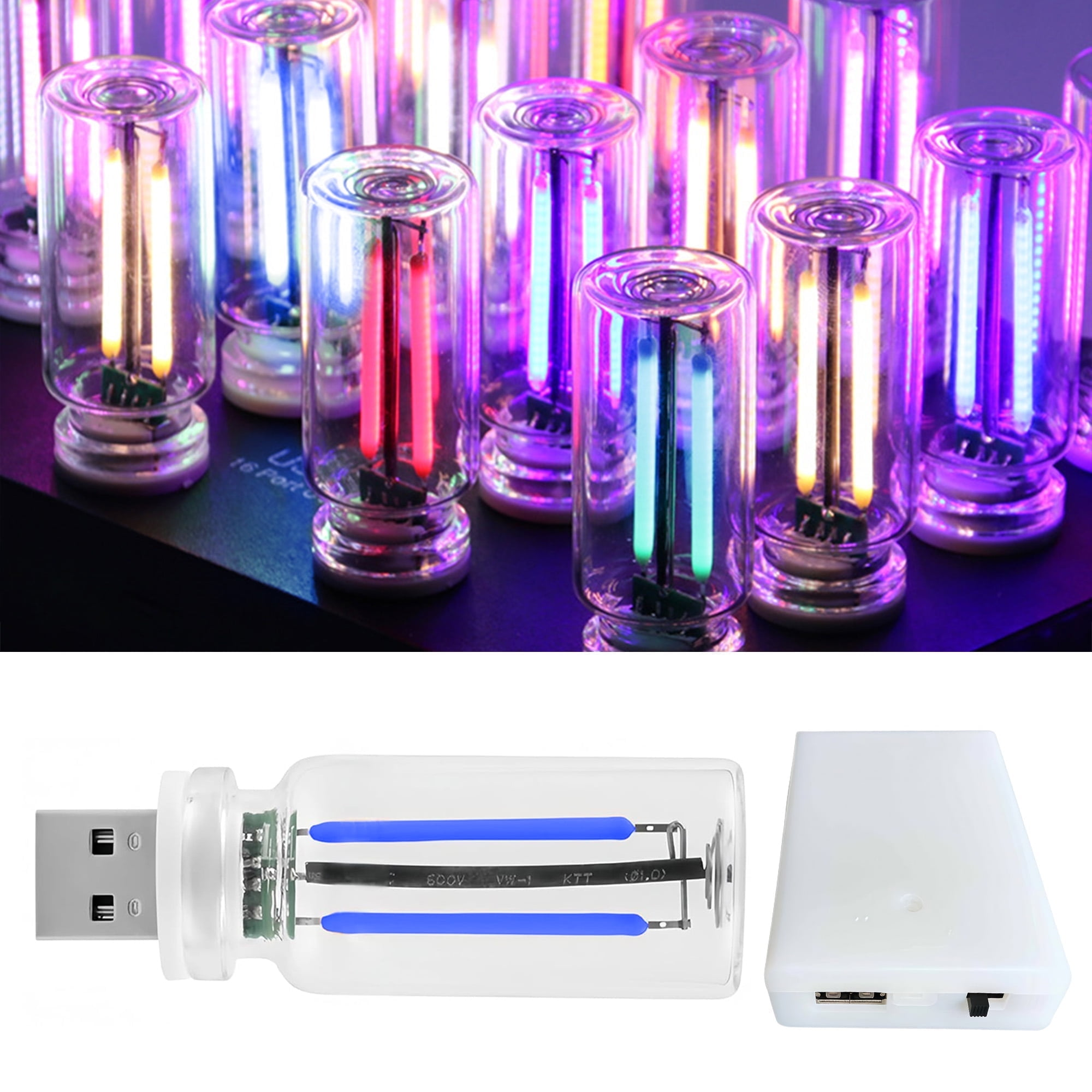 Mehrere Glasröhren mit bunten Lichtern. Eine Röhre ist offen und zeigt Drähte und einen USB-Anschluss. Eine andere hat eine weiße Box.