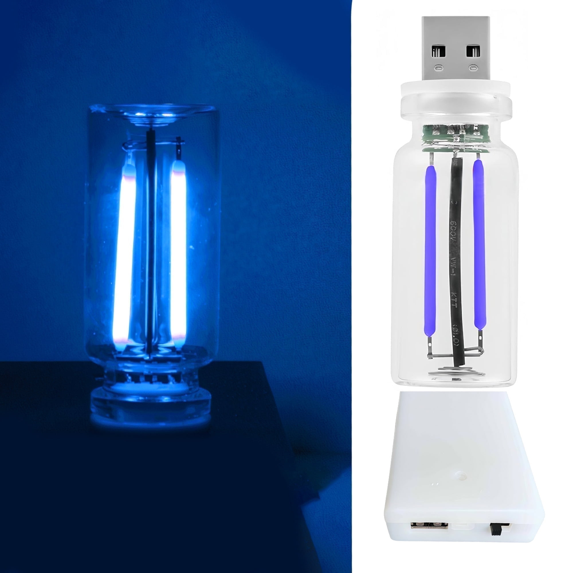 Das Bild zeigt ein blau beleuchtetes Glasrohr mit zwei vertikalen Lichtern und ein USB-Gerät mit weißem Sockel.